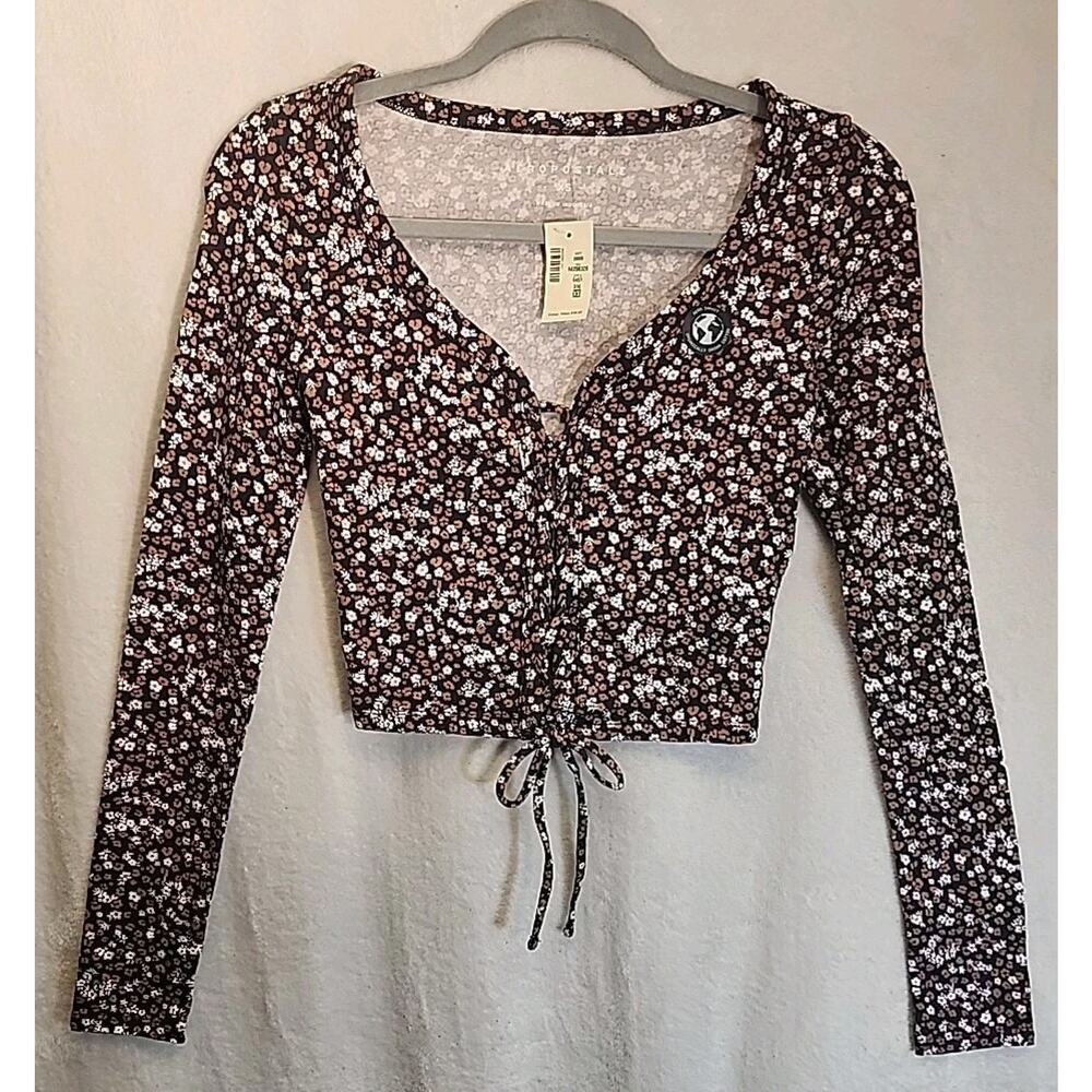 Aeropostale Organic Cotton Floral Lace Up Front Crop Top Long Sleeve Size XS New